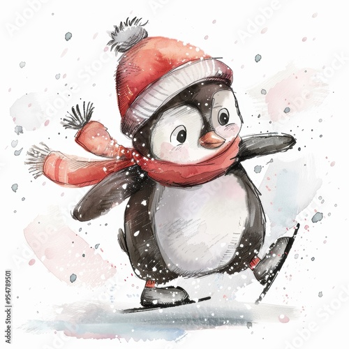 Cute penguin ice skating, simple watercolor style clipart, tender colors, clean background photo