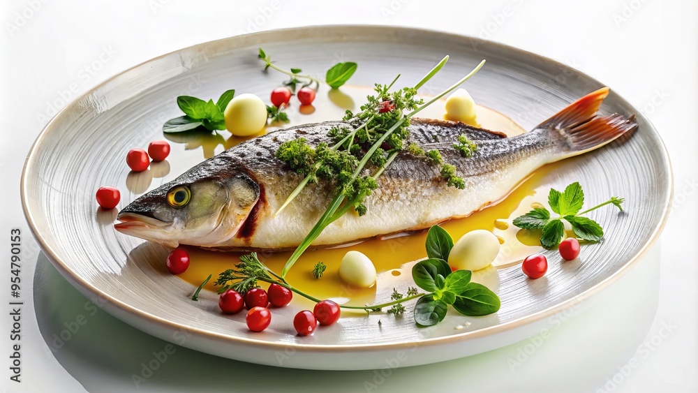 a photo image of a beautifully plated Omakase sea bass dish garnished with fresh herbs on a pristine white background a photo image of a beautifully plated Omakase sea bass dish garnished with fresh herbs on a pristine white background