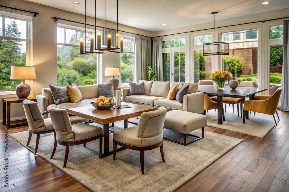 A modern harmony of comfort and elegance unfolds in this room, where a spacious sofa and matching chairs A modern harmony of comfort and elegance unfolds in this room, where a spacious sofa and matching chairs