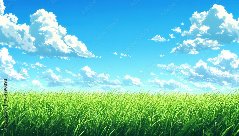 Lush Green Grass Field Under a Blue Sky with Fluffy Clouds Lush Green Grass Field Under a Blue Sky with Fluffy Clouds