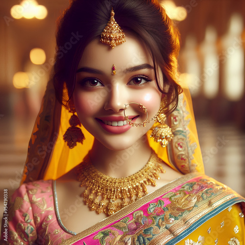 "Beautiful Woman in Traditional Indian Bridal Attire with a Radiant Smile"