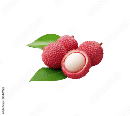 Whole and peeled lychee fruits with green leaves isolated on transparent background