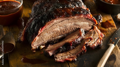 Close-up of a perfectly smoked brisket, sliced and ready to be enjoyed. photo