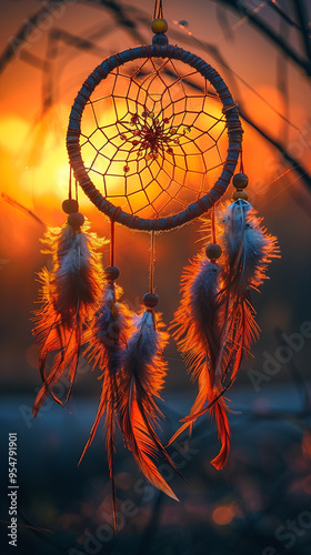 A dreamcatcher with an intricate sunburst design in the center, surrounded by golden threads and warm-colored feathers, hanging in front of a glowing orange sunset. photo