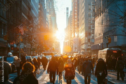 Busy City Street at Sunset with Pedestrians and Traffic in New York City
