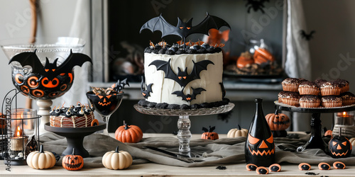 A table set for a Halloween party with themed decorations, including a spooky cake, bat-shaped cookies, and a punch bowl with floating eyeballs. photo