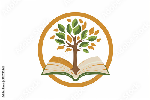 round logo emblem with an open book and a tree on a white background. A symbol for a bookstore, library, school and education


