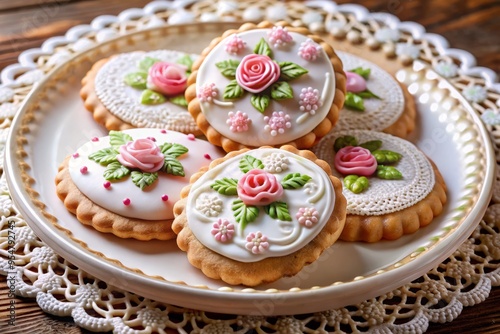 Elegant cookies adorn a beautiful plate, trimmed with dainty lace, exuding refinement and sophistication in a visually stunning arrangement. photo