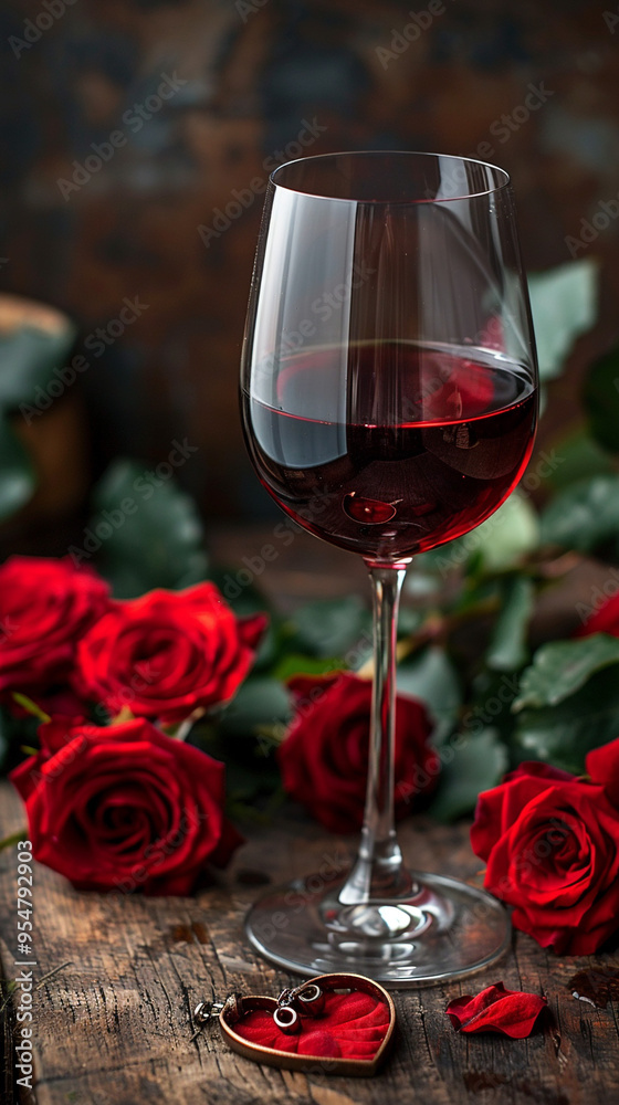 A serene composition of a glass of red wine with a heart-shaped wine charm, placed beside a small bouquet of red roses on a rustic wooden table. A serene composition of a glass of red wine with a heart-shaped wine charm, placed beside a small bouquet of red roses on a rustic wooden table.