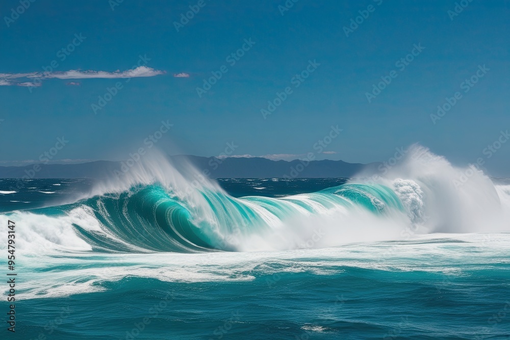 Massive Ocean Waves in Crystal Clear Cerulean Waters with Powerful Crashes Massive Ocean Waves in Crystal Clear Cerulean Waters with Powerful Crashes