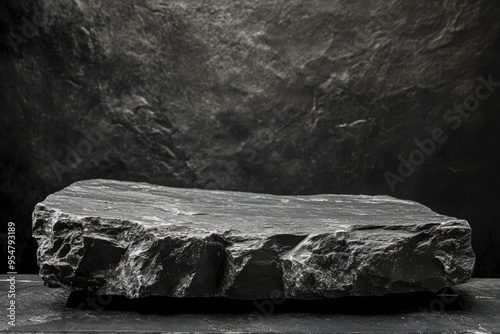 Black stone podium for luxury product placement. Rock granite pedestal stage background. Natural material scene. Minimal luxury aesthetic with generative ai