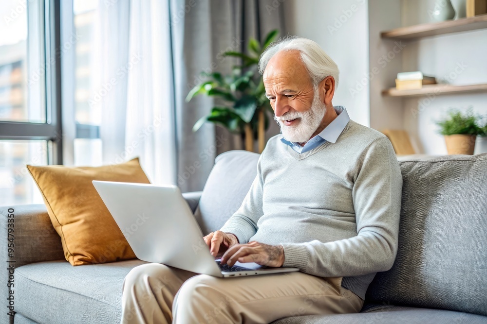 An elderly man works online at home An elderly man works online at home