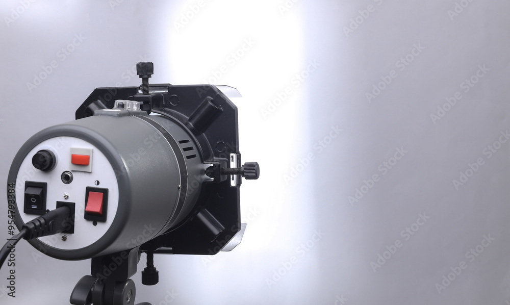 Professional studio light with curtains on a tripod on a gray background Professional studio light with curtains on a tripod on a gray background