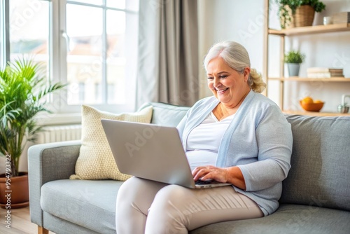 A plus size woman is sitting in a bright room and working on a laptop