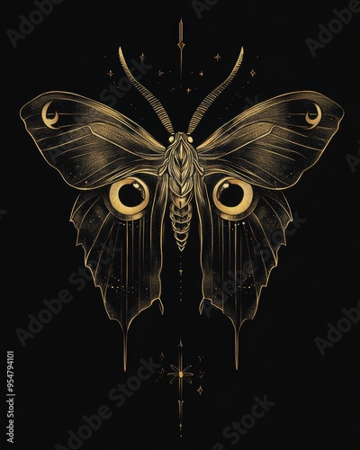 Tattoo design of a moon moth with eyes, on a black background, in a gothic style, with a dark aesthetic photo