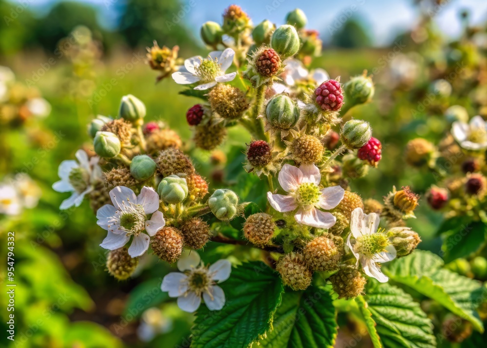 Delicate blackberry bush flowers bloom in a lush green field, swaying gently in the breeze, with sunshine highlighting their intricate details. Delicate blackberry bush flowers bloom in a lush green field, swaying gently in the breeze, with sunshine highlighting their intricate details.
