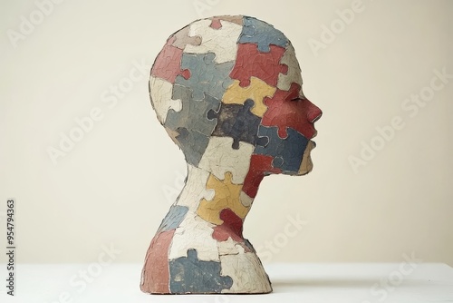 Neuroeconomics Behavioral genetics Minimalist sculpture of a human head made of puzzle pieces symbolizing the complexity of thought identity and the intricate connections within the human mind photo