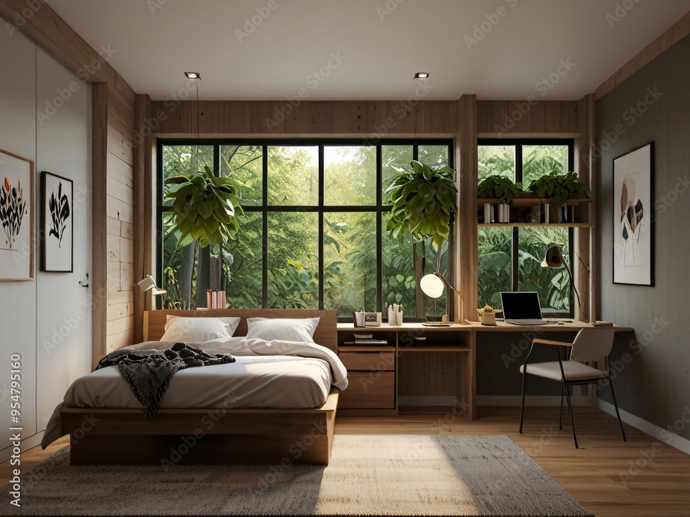 Modern Bedroom Interior Design with Large Window Wooden Wall and Desk Modern Bedroom Interior Design with Large Window Wooden Wall and Desk
