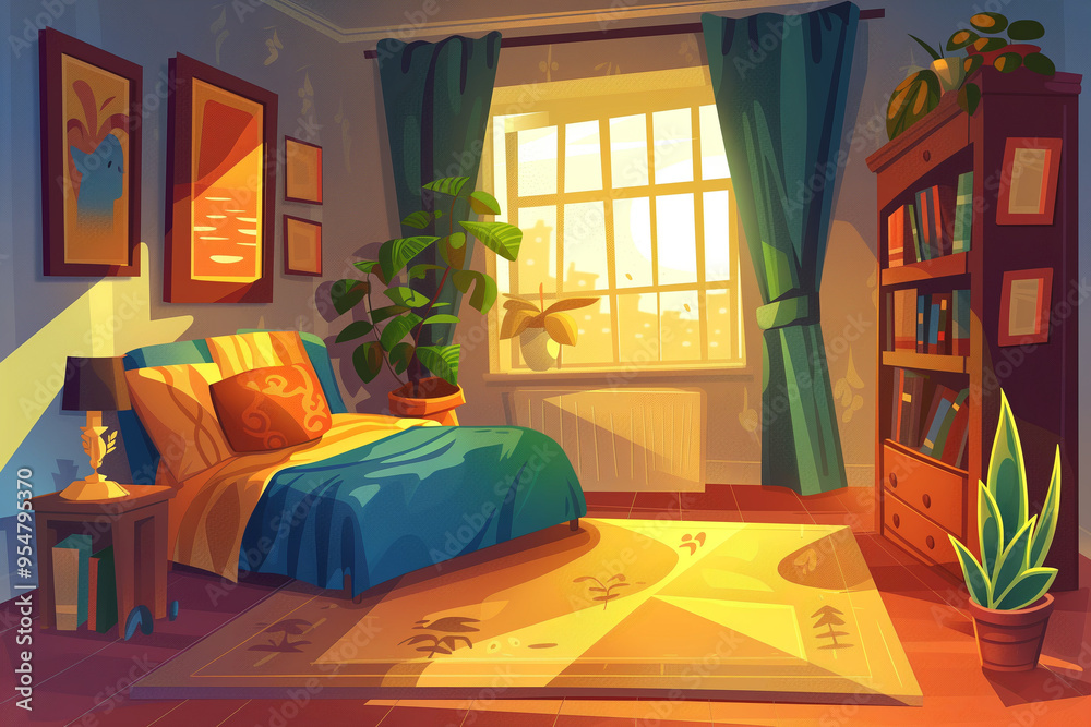 Vector cartoon living room interior background template. Cozy house apartment concept. Illustration with sofa pillow, bedside table with lamp, bookshelf, carpet plant in pot at window pictures at wall