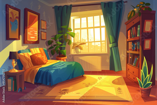Obraz na płótnie Vector cartoon living room interior background template. Cozy house apartment concept. Illustration with sofa pillow, bedside table with lamp, bookshelf, carpet plant in pot at window pictures at wall w salonie