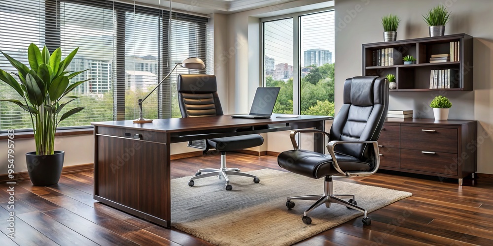 A reimagined professional black leather office desk and chair find a new home in a modern, sleek setting, A reimagined professional black leather office desk and chair find a new home in a modern, sleek setting,