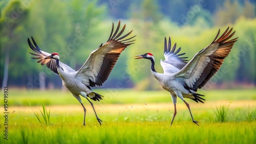 A pair of common cranes stand tall in a lush green meadow, their wings extended in a majestic display of flight readiness.