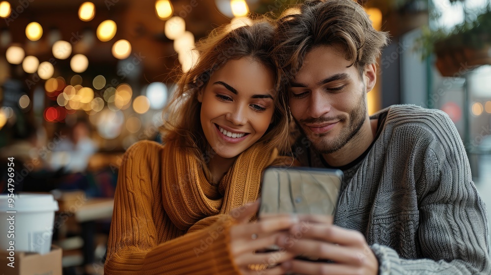 Man looking at his girlfriend shopping online in cafe. Generative AI. Man looking at his girlfriend shopping online in cafe. Generative AI.