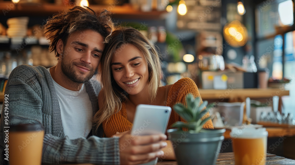Man looking at his girlfriend shopping online in cafe. Generative AI. Man looking at his girlfriend shopping online in cafe. Generative AI.