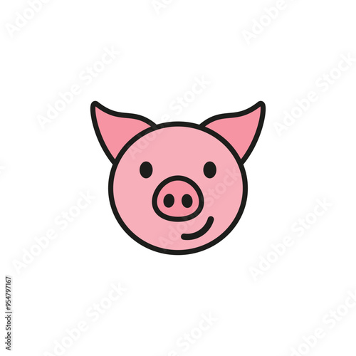 Smiling cheerful cute pink pig. Color vector on white background.
