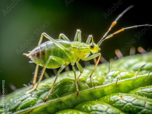 Softly focused, the tiny aphid clings to the leaf's surface, its delicate legs and antennae a blur as it sips sweet sap.