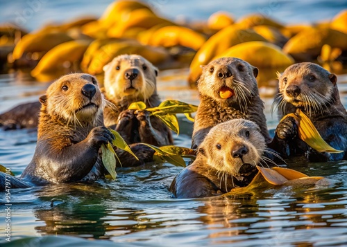 a photo image of a group of sea otters playing with seaweed and kelp in a sunlit marine environment photo