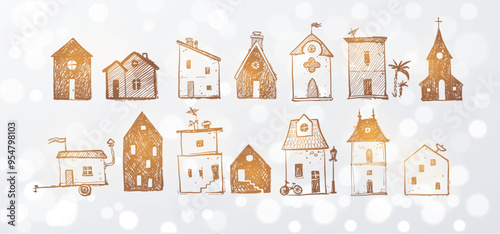 Hand-drawn doodle illustrations of various whimsical houses with unique shapes, details, and architectural styles on white shimmering background