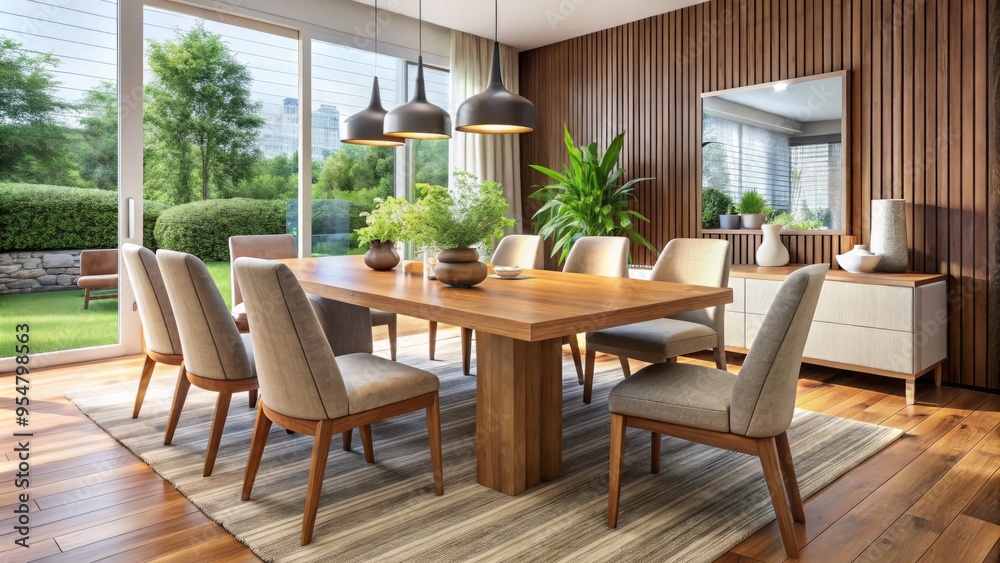 Fototapeta premium A sleek, modern wooden dining table partnered with plush chairs and a refined centerpiece, fostering a sense of