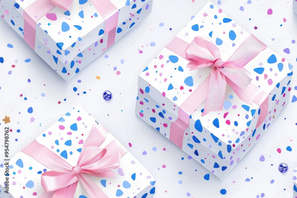 Colorful confetti themed gift boxes with pink bows