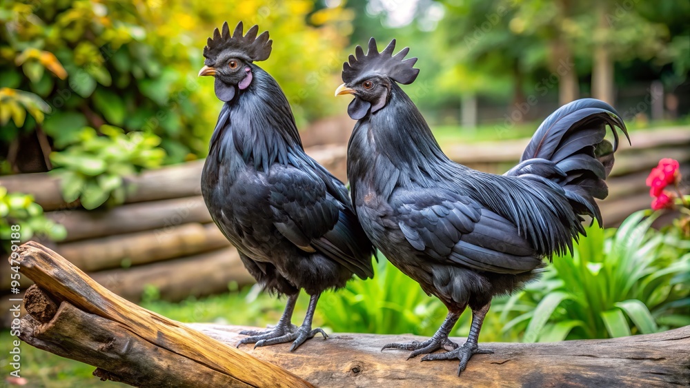 Fototapeta premium Two rare ayam cemani chickens sit majestically on a rustic log, their glossy black feathers glistening in the sunlight amidst the serene backdrop of a lush backyard.