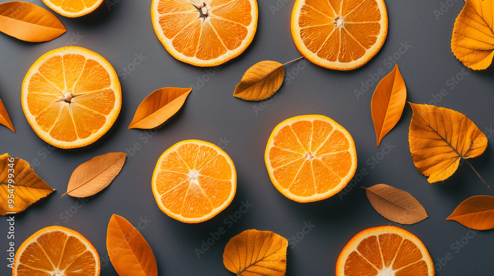 Creative autumn arrangement with sliced oranges and falling leaves on a dark gray background Creative autumn arrangement with sliced oranges and falling leaves on a dark gray background