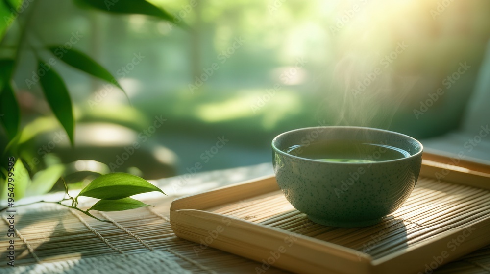 Serene Moment of Relaxation with Green Tea in a Porcelain Cup and Zen Garden Backdrop. AI generated illustration Serene Moment of Relaxation with Green Tea in a Porcelain Cup and Zen Garden Backdrop. AI generated illustration