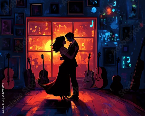 animestyle illustration of a couple dancing gracefully in a dark photo