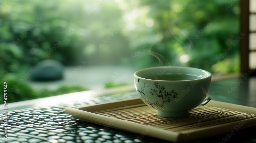 Serene Moment of Relaxation with Green Tea in a Porcelain Cup and Zen Garden Backdrop. AI generated illustration