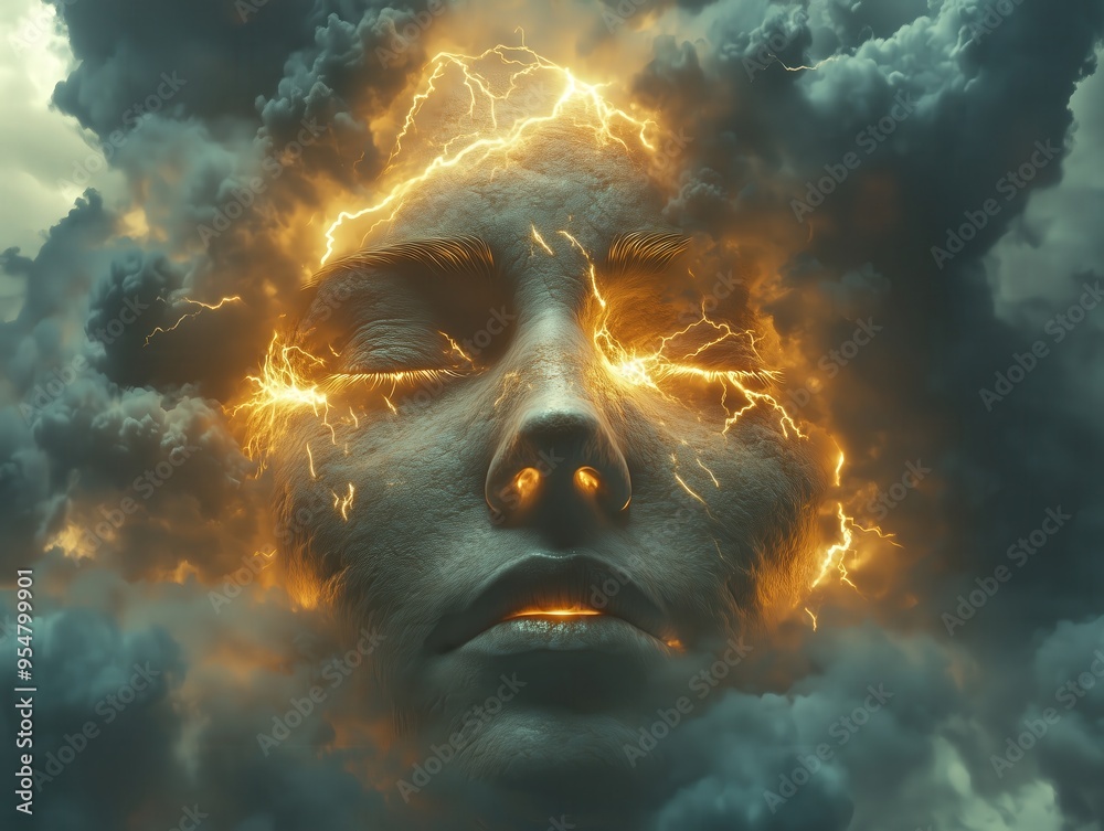 Fiery Lightning Engulfing a Serene Face in Thunderous Clouds
Fiery Lightning Engulfing a Serene Face in Thunderous Clouds