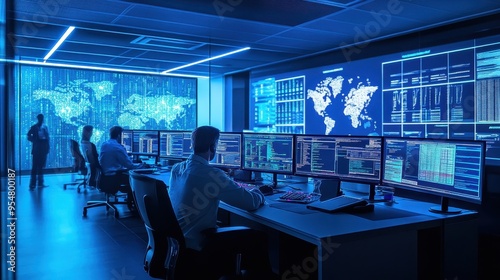 Futuristic Control Room with Advanced Technology and Global Network