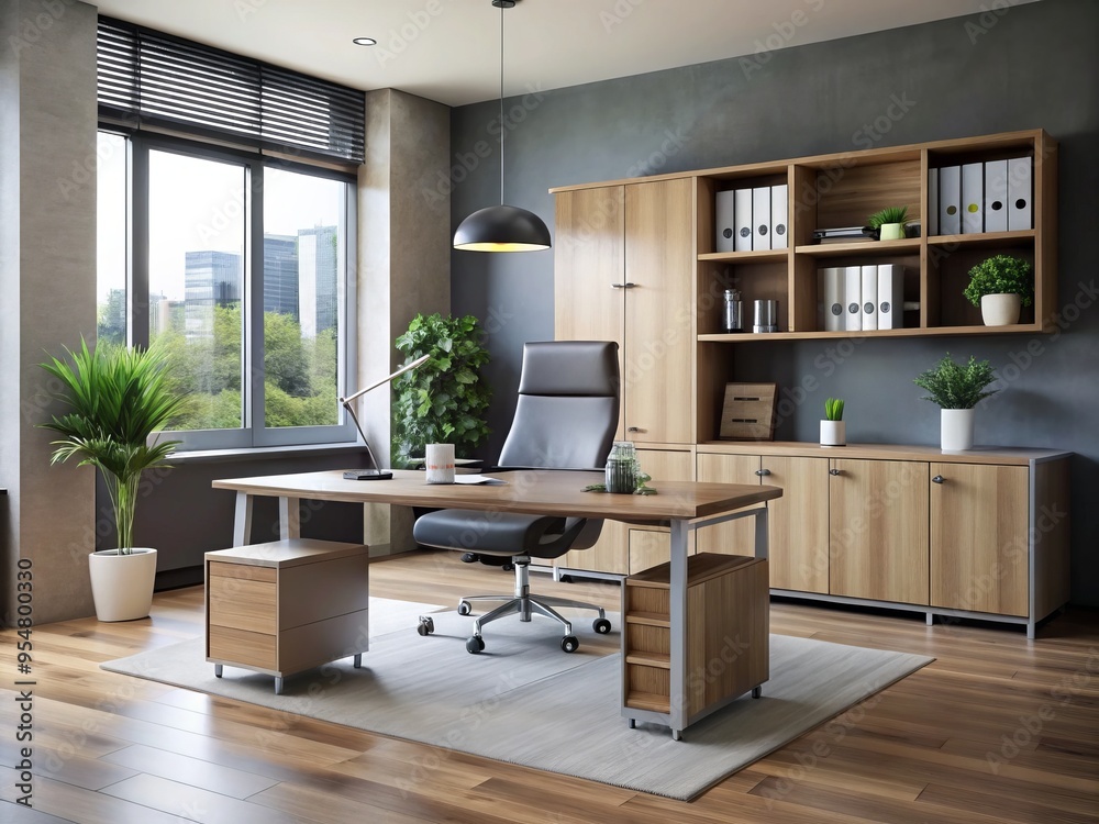 A stylish and functional office setup featuring a high-quality desk, comfortable ergonomic chair, and sleek storage A stylish and functional office setup featuring a high-quality desk, comfortable ergonomic chair, and sleek storage