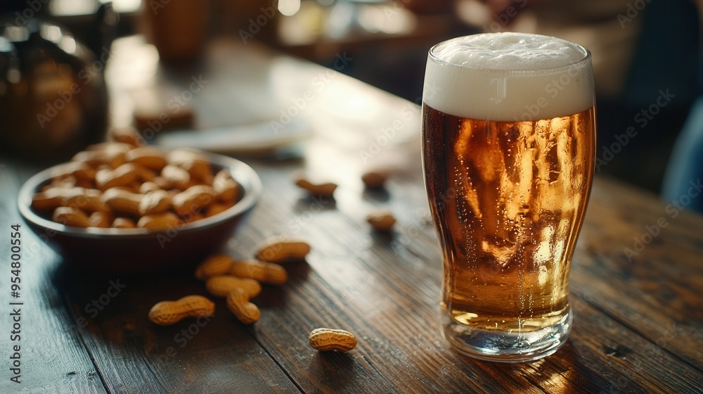 Lively Sports Bar Scene with a Frothy Pint of Beer, Peanuts, and Friends Enjoying the Game. AI generated illustration