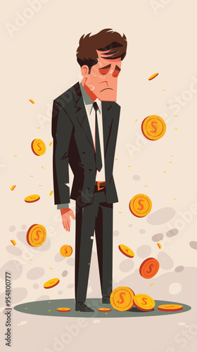 Exhausted Salary Man Paying Debt with Coin, Depicting Living Paycheck to Paycheck and Financial Struggles