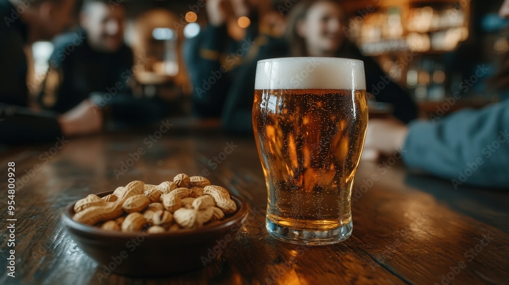 Lively Sports Bar Scene with a Frothy Pint of Beer, Peanuts, and Friends Enjoying the Game. AI generated illustration Lively Sports Bar Scene with a Frothy Pint of Beer, Peanuts, and Friends Enjoying the Game. AI generated illustration