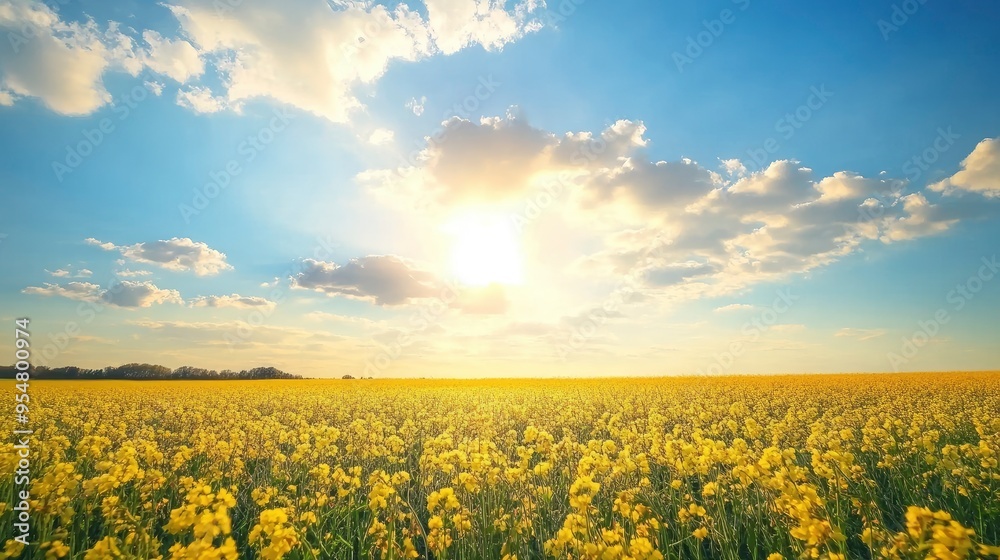 Obraz premium Blossoming rapeseed field with beautiful sky in spring with generative ai