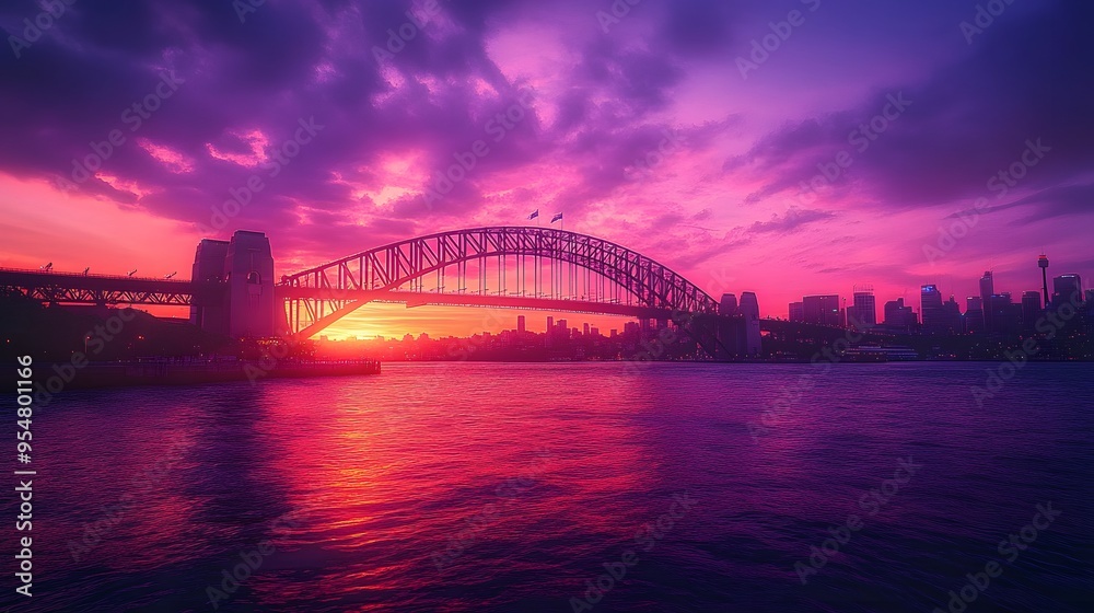 Naklejka premium 87. **Render the Sydney Harbour Bridge during a vibrant sunset with the city lights starting to glow in the background.**
