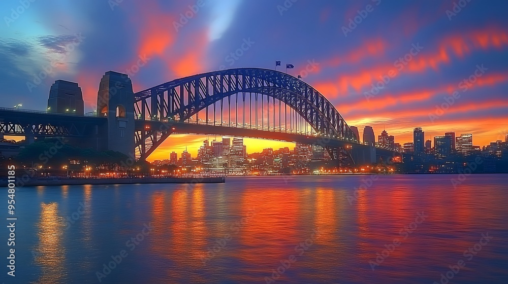 Naklejka premium 87. **Render the Sydney Harbour Bridge during a vibrant sunset with the city lights starting to glow in the background.**