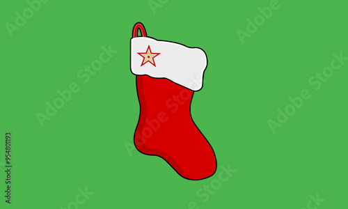 Red Christmas socking simple icon in flat design on green background. 