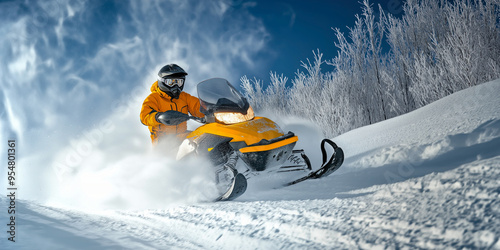 Snowmobiler riding through a snowy forest. A rider in a yellow jacket driving a snowmobile at high speed, kicking up snow in a dense, snow-covered woodland setting